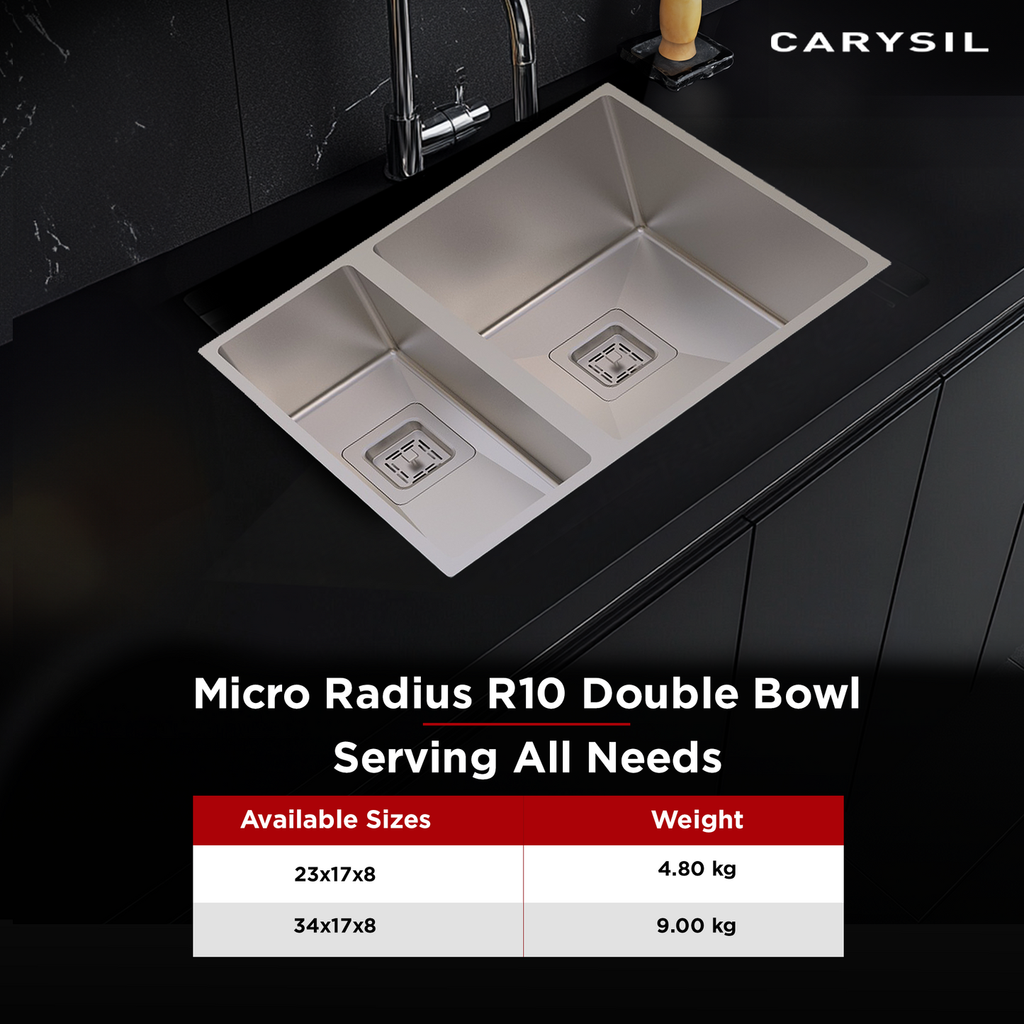 Carysil Micro Radius R10 Series Double Bowl Kitchen Sink, Stainless Steel Kitchen Sink, 10mm Corner Radius, 304 Stainless Steel Coupling, Noise Reduction Design, Deep Bowl with Sloping Drain, 23x17x8 inches, Satin Finish
