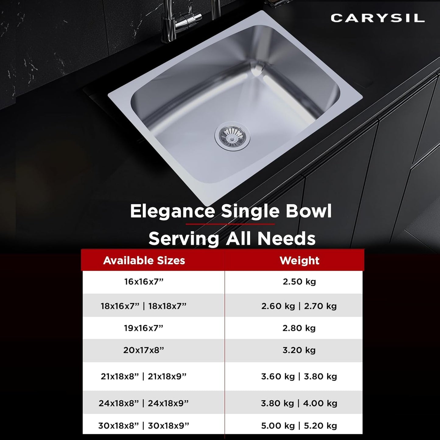 Carysil Elegance Series Single Bowl Kitchen Sink, Stainless Steel Kitchen Sink, 304 Stainless Steel Coupling, Noise Reduction Design, Deep Bowl with Sloping Drain, 24x18x8 inches, Glossy Finish