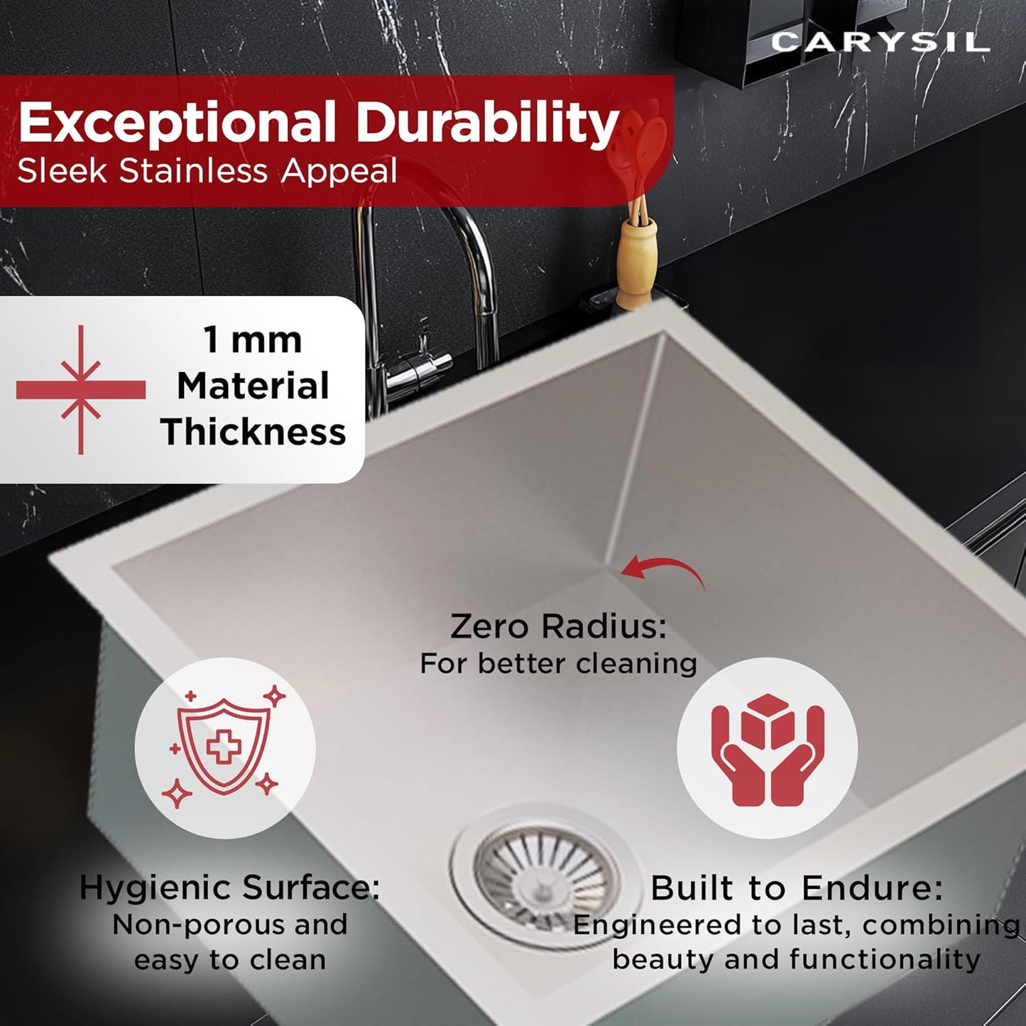Carysil Quadro Series Zero Radius Single Bowl Kitchen Sink, Stainless Steel Kitchen Sink, 304 Coupling, Noise Reduction Design, Deep Bowl with Sloping Drain, 30x18x8 inches, Satin Finish