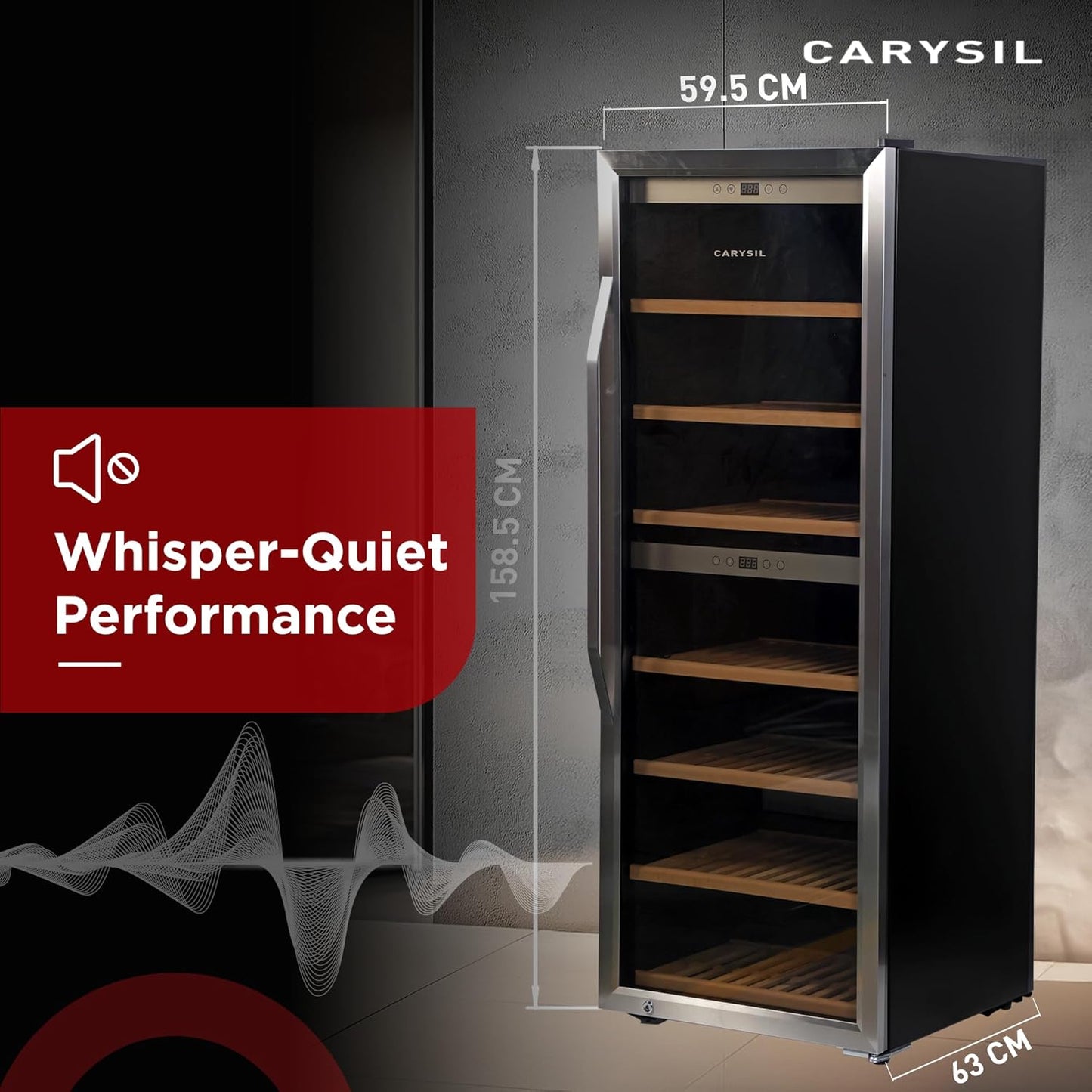 Carysil 120-Bottle Wine Chiller, Free Standing, Dual Cooling Zone (3°C-12°C White Wine & 12°C-20°C Red Wine), Adjustable Wooden Shelves with Toughened Glass Door, LED Display, Ideal for Home