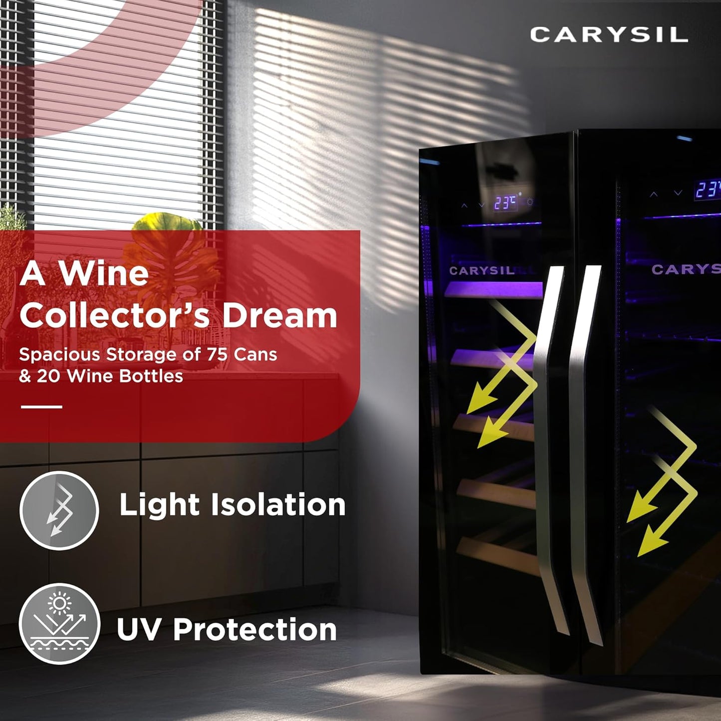 Carysil 54-Bottle Wine Chiller & Soft Drink Cooler, Capacity of 20 Wine Bottles & 75 Cans, Free Standing, Dual Cooling Zone (3°C-12°C White Wine & 12°C-20°C Red Wine), Adjustable Wooden Shelves with Toughened Glass Door, LED Display, Ideal for Home