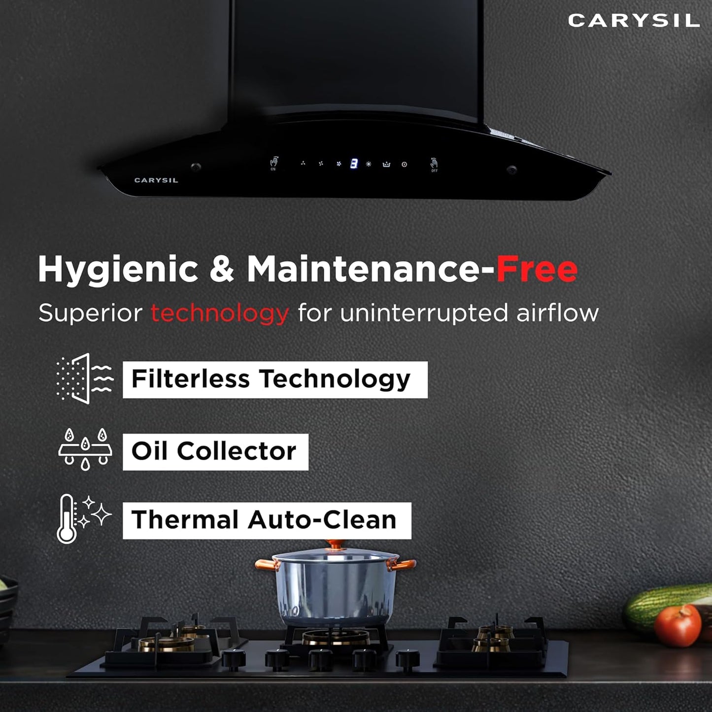 Carysil Kia FL 90 cm Kitchen Chimney, Curved Shape, 1400 m³/hr Suction Capacity, Filterless, Heat Auto Clean, 3-Speed Motion Sensor, Oil Collector, LED Lamp, 7-year Motor Warranty
