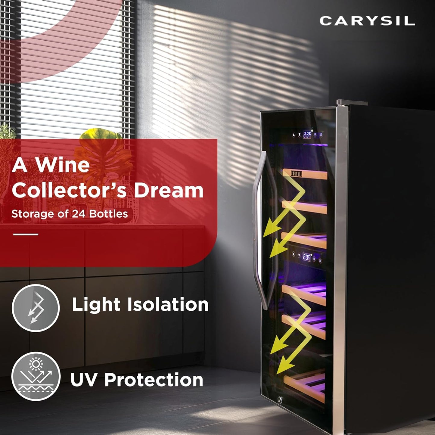 Carysil 24-Bottle Wine Chiller, Free Standing, Dual Cooling Zone (3°C-12°C White Wine & 12°C-20°C Red Wine), Adjustable Wooden Shelves with Toughened Glass Door, LED Display, Ideal for Home