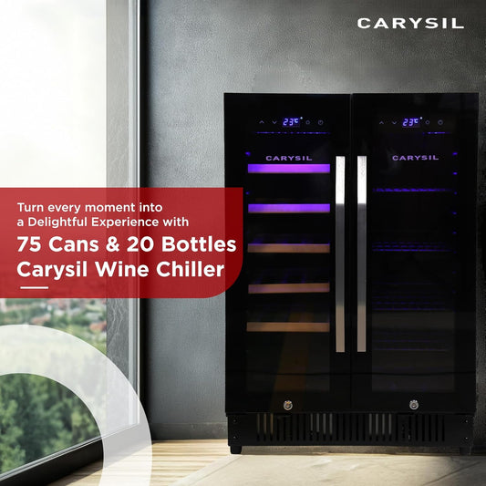 Carysil 54-Bottle Wine Chiller & Soft Drink Cooler, Capacity of 20 Wine Bottles & 75 Cans, Free Standing, Dual Cooling Zone (3°C-12°C White Wine & 12°C-20°C Red Wine), Adjustable Wooden Shelves with Toughened Glass Door, LED Display, Ideal for Home