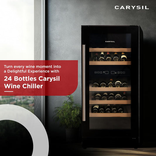 Carysil 31-Bottle Wine Chiller, Free Standing, Dual Cooling Zone (3°C-12°C White Wine & 12°C-20°C Red Wine), Adjustable Wooden Shelves with Toughened Glass Door, LED Display, Ideal for Home