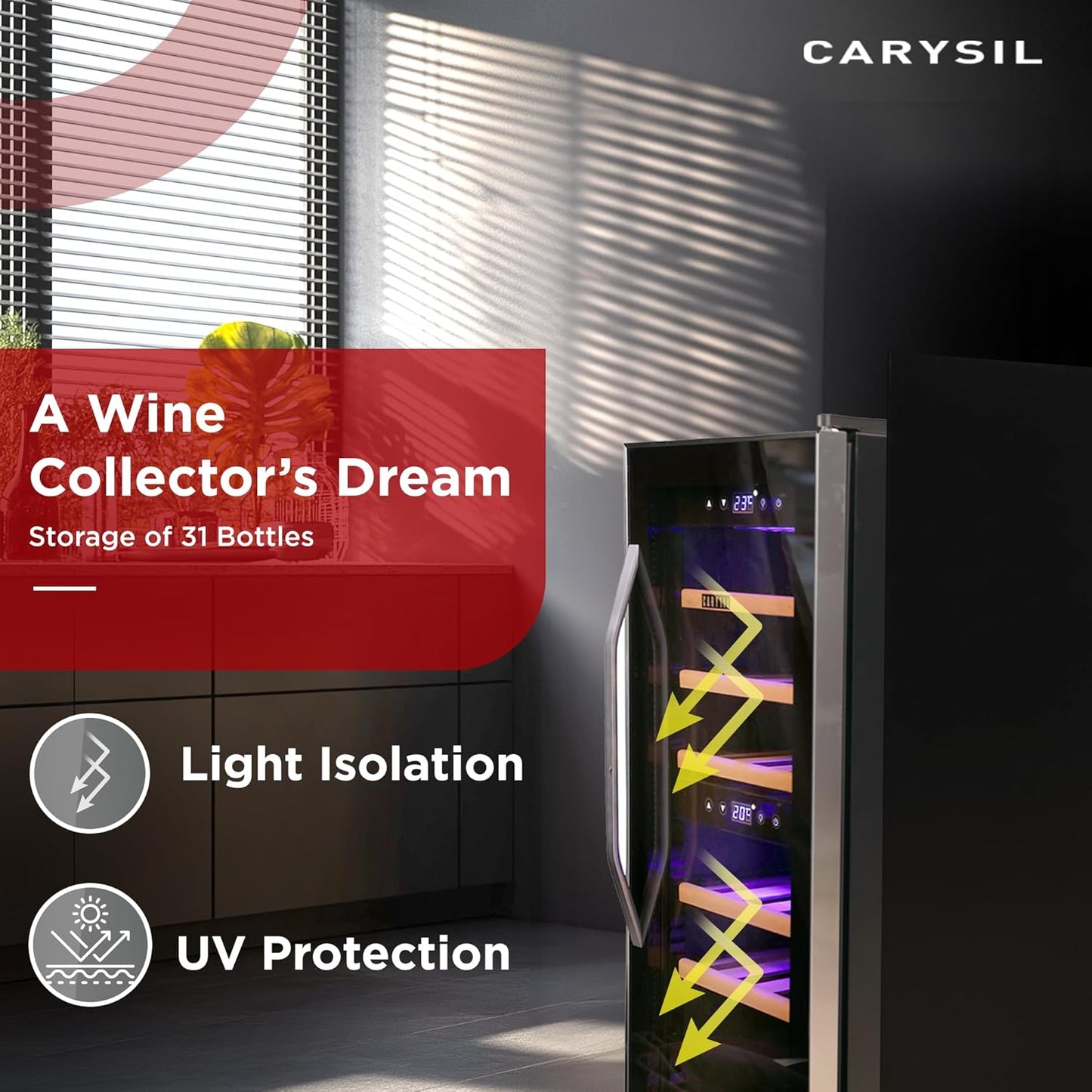 Carysil 31-Bottle Wine Chiller, Free Standing, Dual Cooling Zone (3°C-12°C White Wine & 12°C-20°C Red Wine), Adjustable Wooden Shelves with Toughened Glass Door, LED Display, Ideal for Home