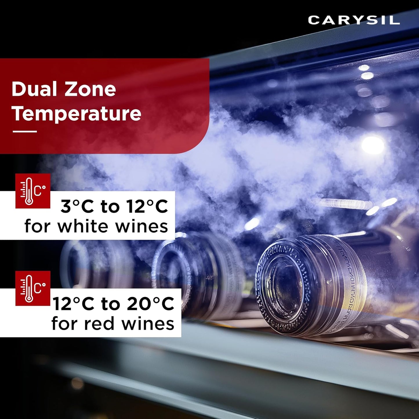 Carysil 38-Bottle Wine Chiller, Free Standing, Dual Cooling Zone (3°C-12°C White Wine & 12°C-20°C Red Wine), Adjustable Wooden Shelves with Toughened Glass Door, LED Display, Ideal for Home