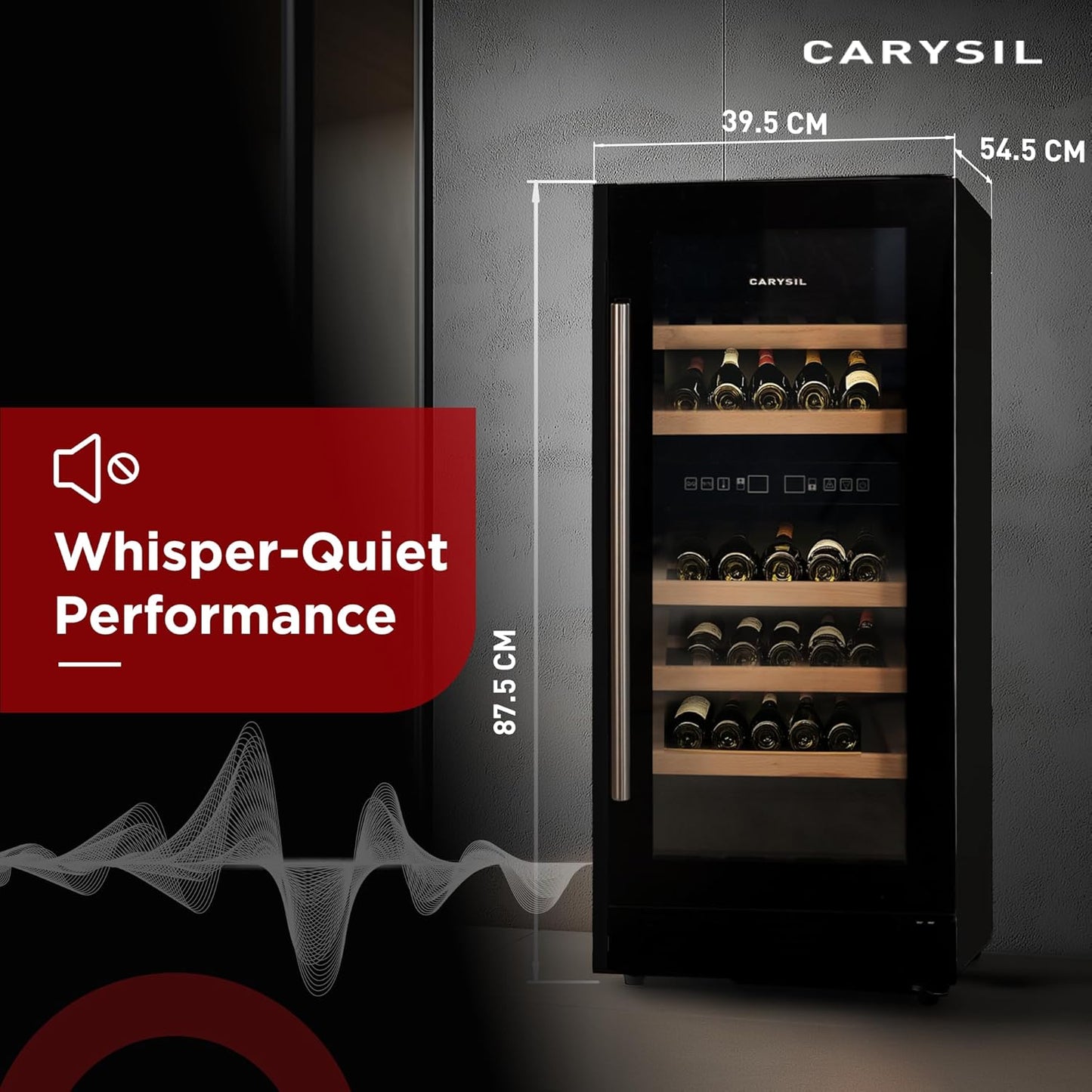 Carysil 31-Bottle Wine Chiller, Free Standing, Dual Cooling Zone (3°C-12°C White Wine & 12°C-20°C Red Wine), Adjustable Wooden Shelves with Toughened Glass Door, LED Display, Ideal for Home