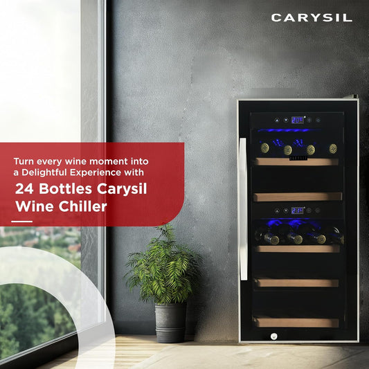 Carysil 24-Bottle Wine Chiller, Free Standing, Dual Cooling Zone (3°C-12°C White Wine & 12°C-20°C Red Wine), Adjustable Wooden Shelves with Toughened Glass Door, LED Display, Ideal for Home