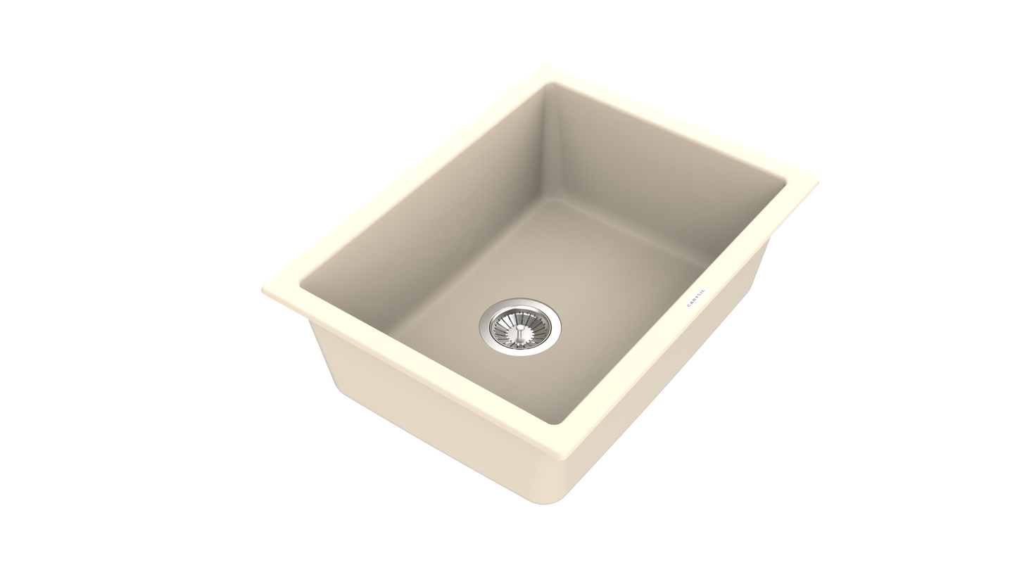 Carysil Quartz Titanium Max Plus Series Single Bowl Kitchen Sink, Real Stone Finish, 304 Stainless Steel Coupling, Kitchen Sink with Sloping Drain, Noise Reduction Design, 24x18x8 inches, Champagne