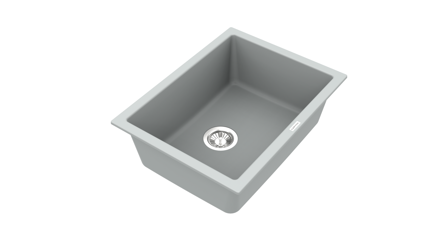 Carysil Quartz Titanium Max Plus Series Single Bowl Kitchen Sink, Real Stone Finish, 304 Stainless Steel Coupling, Kitchen Sink with Sloping Drain, Noise Reduction Design, 24x18x8 inches, Croma
