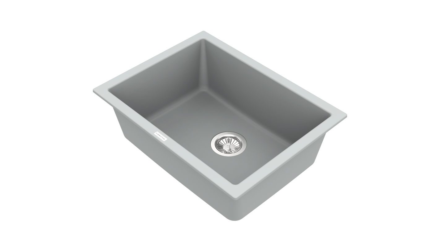 Carysil Quartz Titanium Max Plus Series Single Bowl Kitchen Sink, Real Stone Finish, 304 Stainless Steel Coupling, Kitchen Sink with Sloping Drain, Noise Reduction Design, 24x18x8 inches, Croma