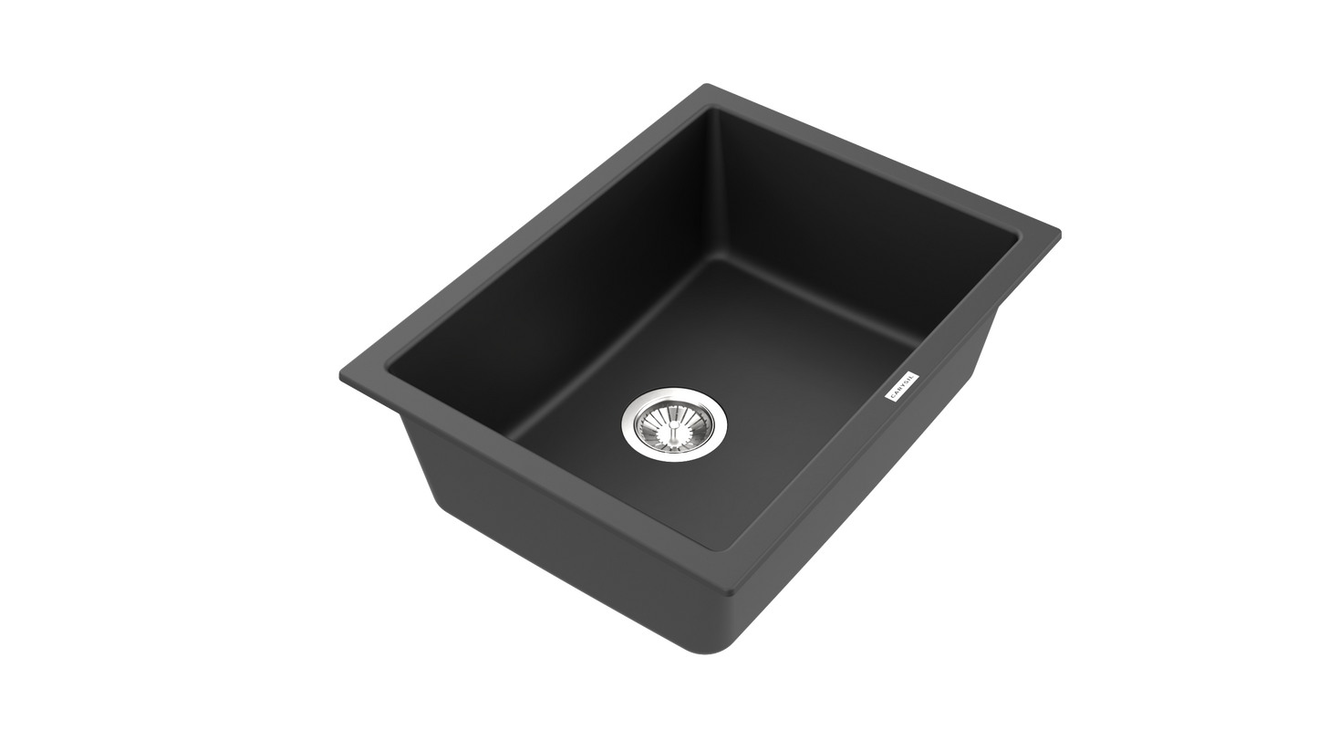 Carysil Quartz Titanium Max Plus Series Single Bowl Kitchen Sink, Real Stone Finish, 304 Stainless Steel Coupling, Kitchen Sink with Sloping Drain, Noise Reduction Design, 24x18x8 inches, Nera