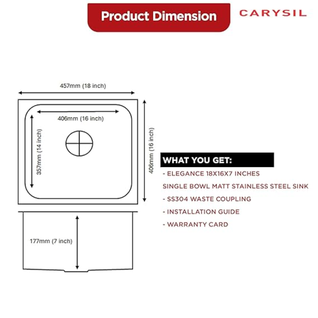 Carysil Elegance Series Single Bowl Kitchen Sink, Stainless Steel Kitchen Sink, 304 Stainless Steel Coupling, Noise Reduction Design, Deep Bowl with Sloping Drain, 18x16x7 inches, Matt Finish