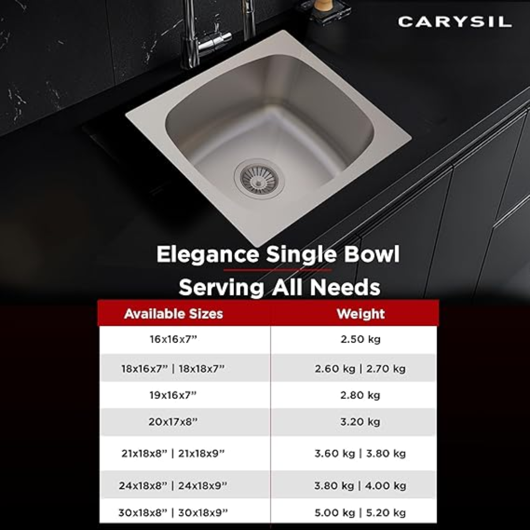 Carysil Elegance Series Single Bowl Kitchen Sink, Stainless Steel Kitchen Sink, 304 Stainless Steel Coupling, Noise Reduction Design, Deep Bowl with Sloping Drain, 18x16x7 inches, Matt Finish