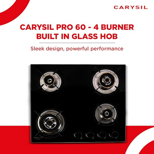 Carysil Pro 60 CM 4 Burner Built-in Kitchen Hob and Milan 60 CM Chimney Combo Set