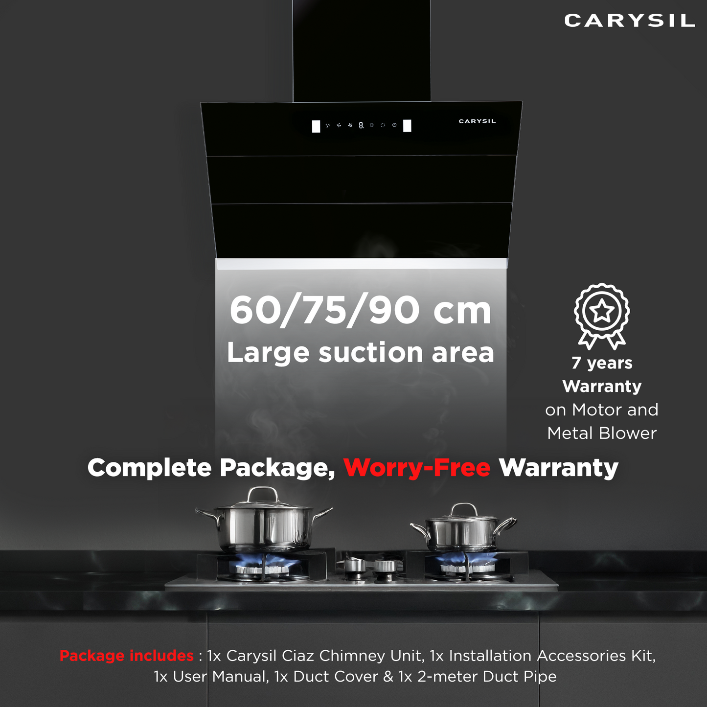 Carysil Ciaz 60 cm Kitchen Chimney, Vertical Slant, 1350 m³/hr Suction Capacity, Filterless, 3-speed Motion Sensor, Heat Auto Clean, Oil Collector, LED Lamp, 7-year Motor Warranty
