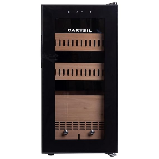 Carysil Premium Cigar Humidor & Cooler, Holds 212 Cigars, Single Zone (18-22°C), Free-Standing, LED Display, Smart Touch Control, 3 Cedar Shelves, Black Glass Door
