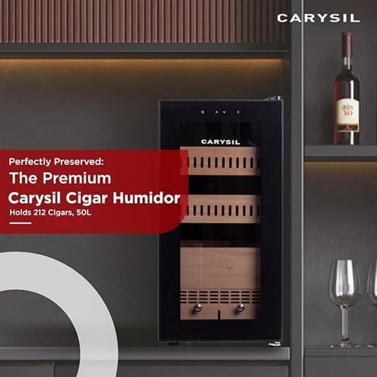 Carysil Premium Cigar Humidor & Cooler, Holds 212 Cigars, Single Zone (18-22°C), Free-Standing, LED Display, Smart Touch Control, 3 Cedar Shelves, Black Glass Door