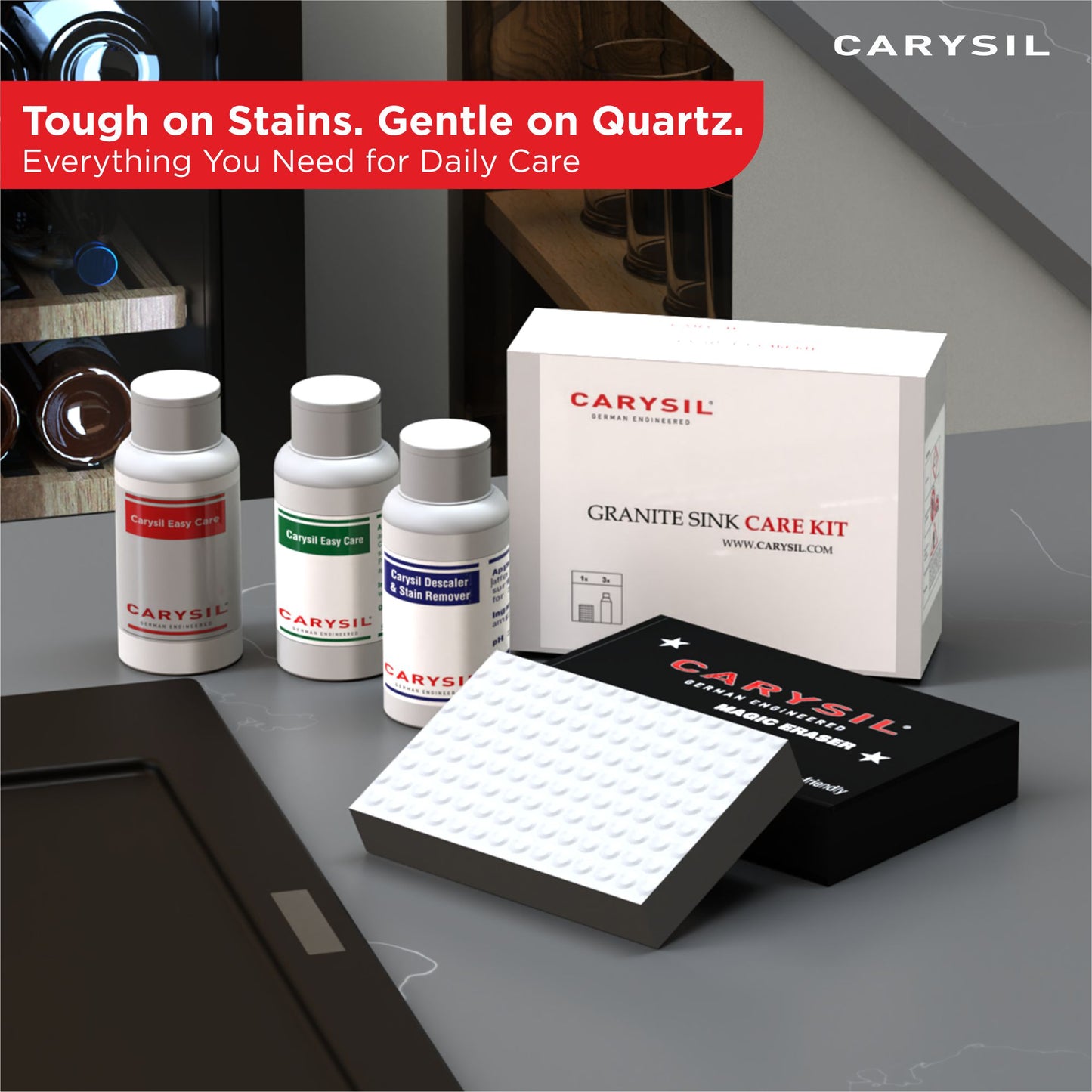 Carysil 3-in-1 Quartz Kitchen Sink Cleaning Care Kit, Includes Stain Remover, Lime Scale Descaler, Easy Care Shine Protector, and Magic Eraser for Deep Cleaning and Maintenance, 50 ml