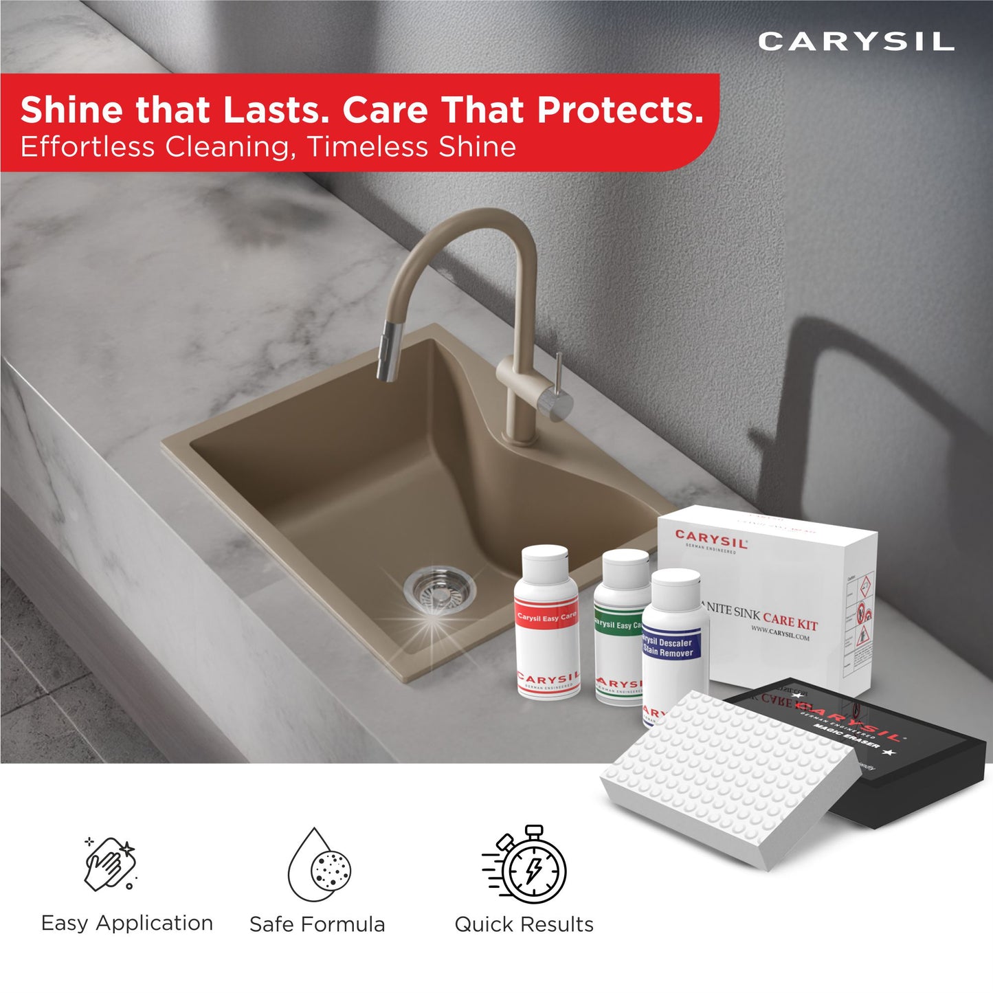 Carysil 3-in-1 Quartz Kitchen Sink Cleaning Care Kit, Includes Stain Remover, Lime Scale Descaler, Easy Care Shine Protector, and Magic Eraser for Deep Cleaning and Maintenance, 50 ml