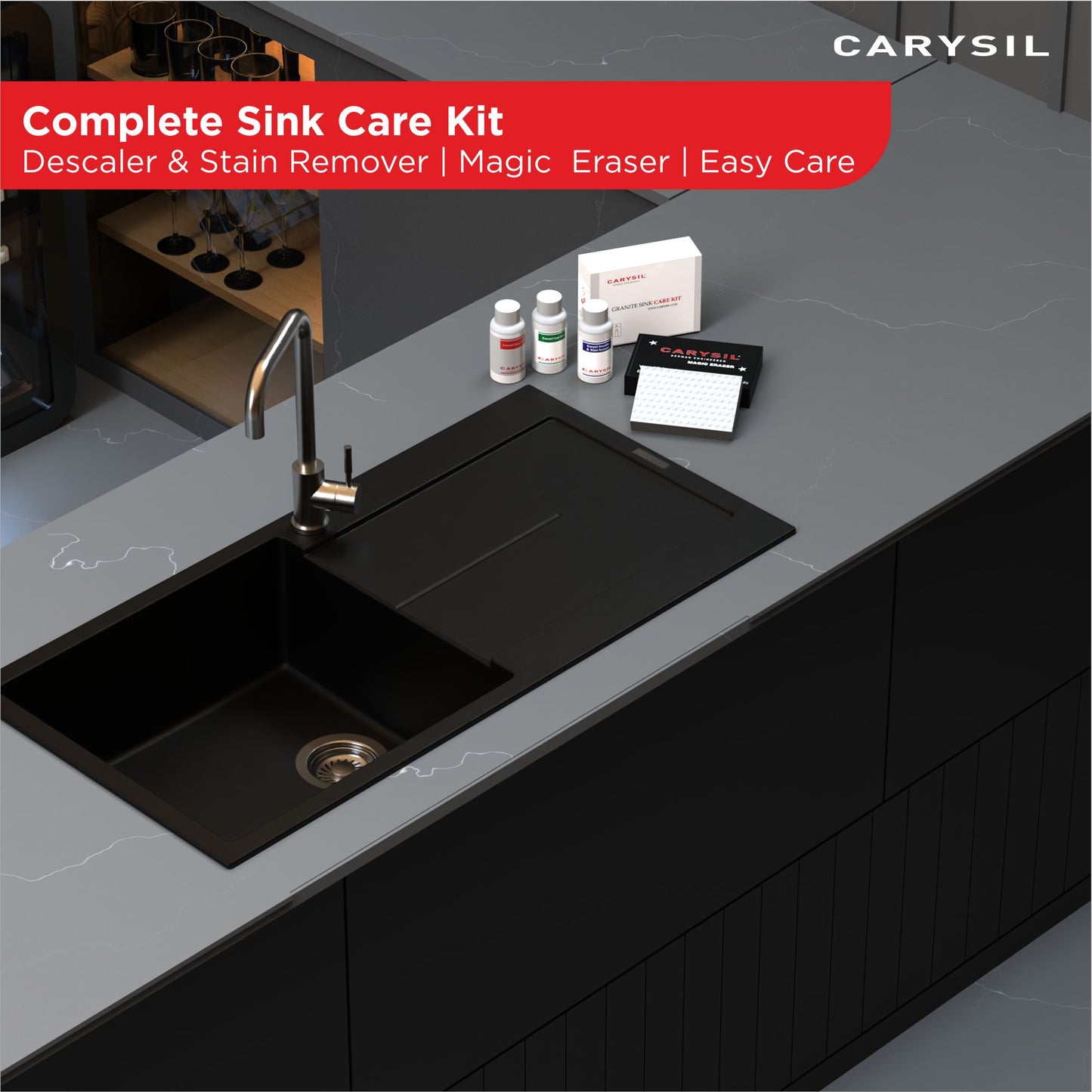Carysil 3-in-1 Quartz Kitchen Sink Cleaning Care Kit, Includes Stain Remover, Lime Scale Descaler, Easy Care Shine Protector, and Magic Eraser for Deep Cleaning and Maintenance, 50 ml