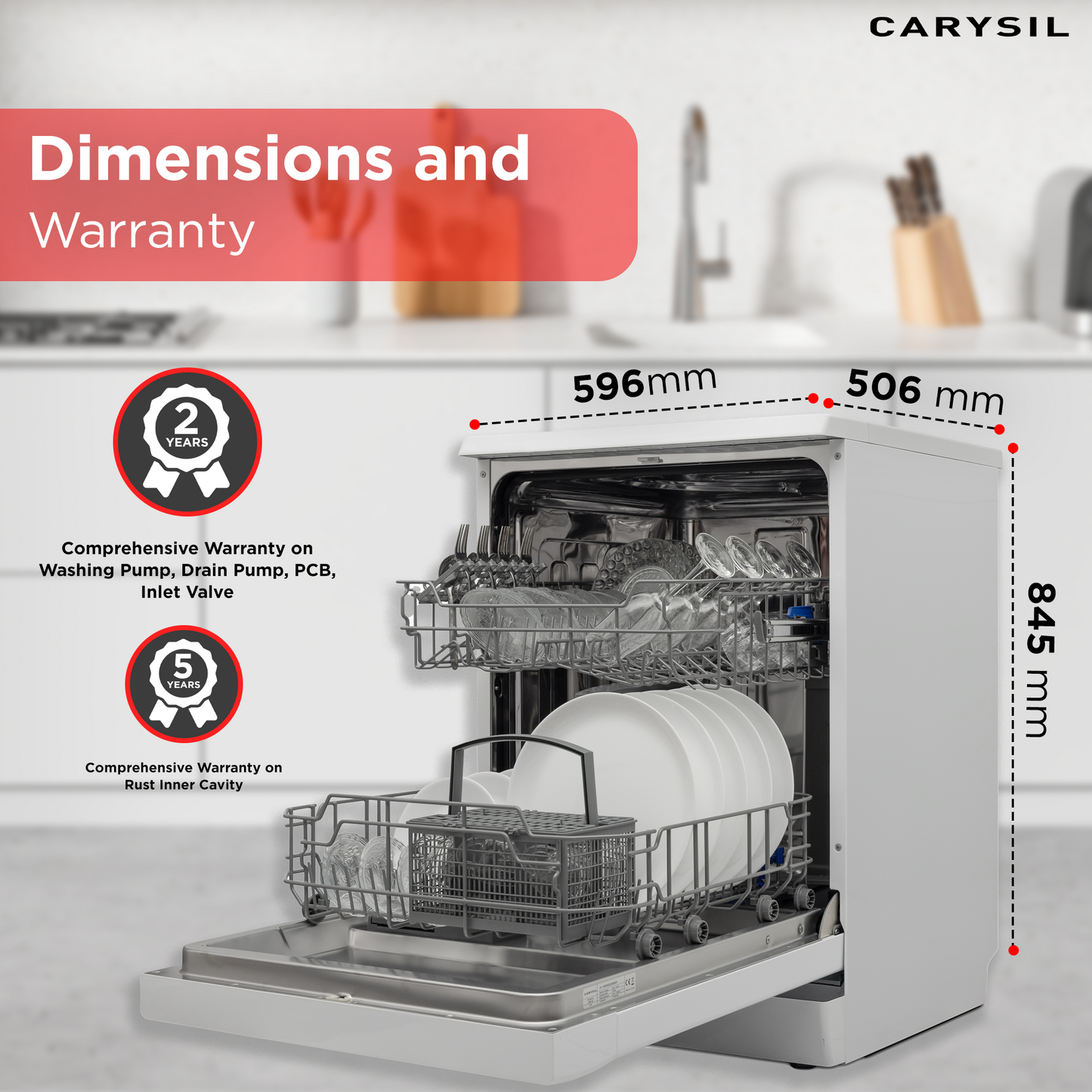 Carysil Free Standing Dishwasher DW-03, A++ Energy Class, 12 Place Setting, 6 Wash Programs, Electric Control Display, Water Consumption 11Ltr/cycle, 49 dBA Low Noise Operation, Detergent Automation Sensor, Child Lock, Stainless Steel