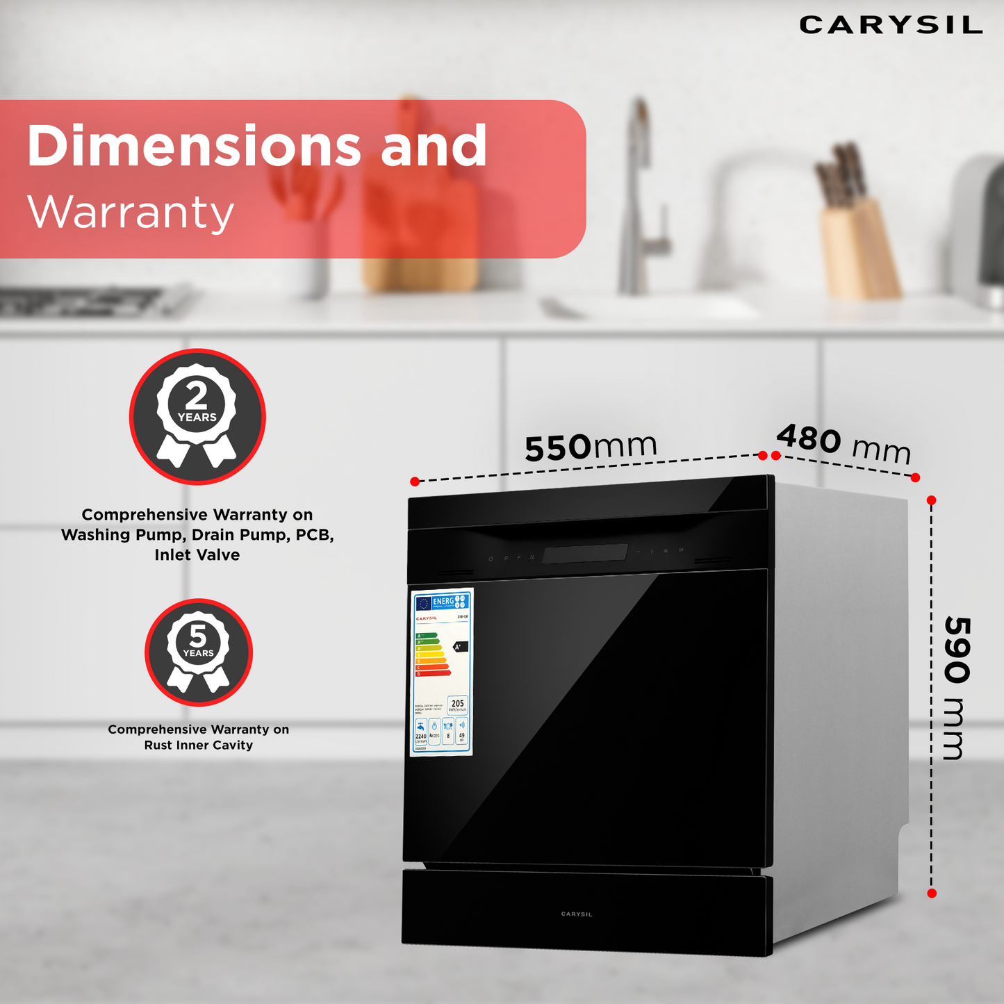 Carysil Free Standing Dishwasher DW-04, A+ Energy Class, 8 Place Setting, 6 Wash Programs, Electronic Control Display, Water Consumption 8Ltr/cycle, 49 dBA Low Noise Operation, Detergent Automation Sensor, Stainless Steel