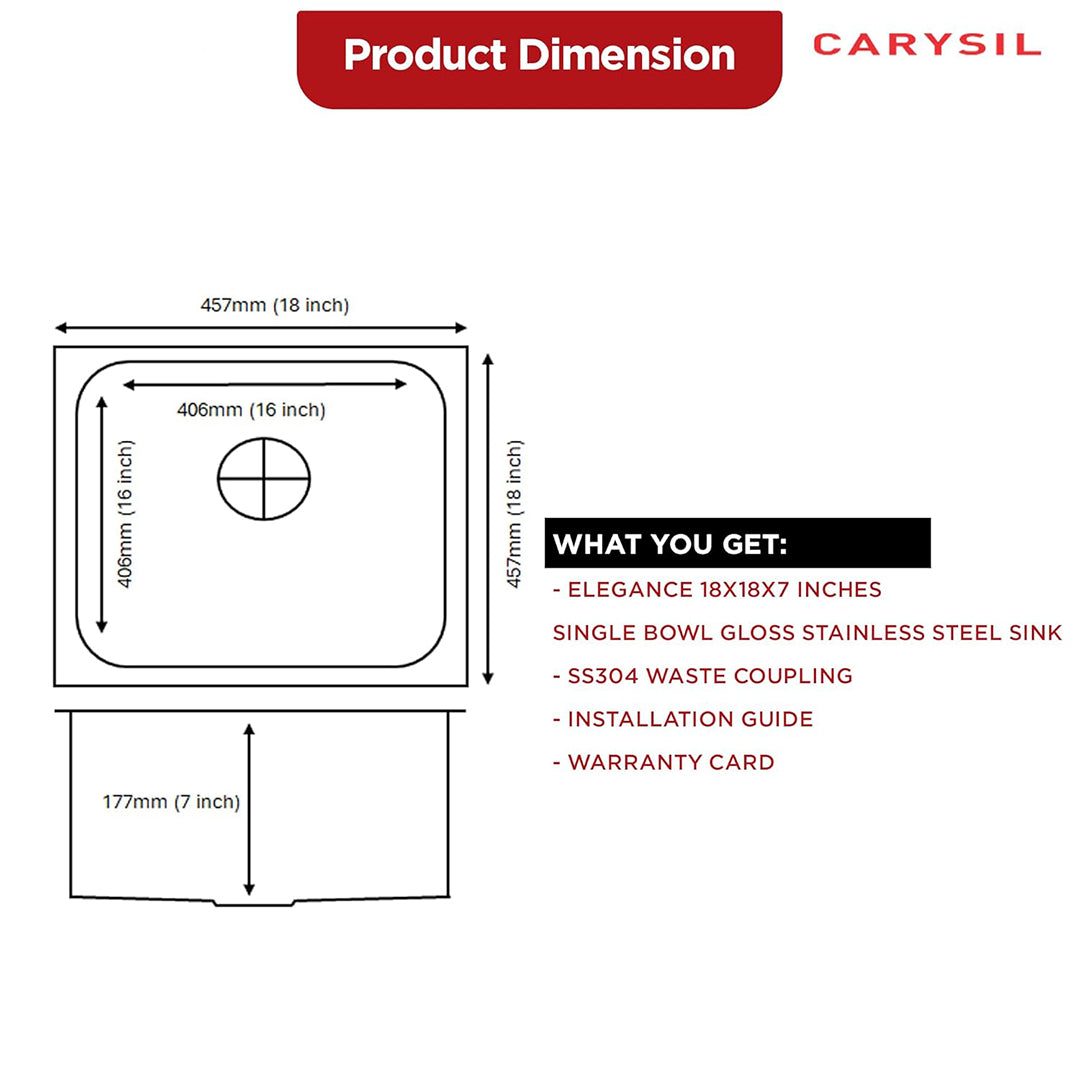 Carysil Elegance Series Single Bowl Kitchen Sink, Stainless Steel Kitchen Sink, 304 Stainless Steel Coupling, Noise Reduction Design, Deep Bowl with Sloping Drain, 18x18x7 inches, Glossy Finish