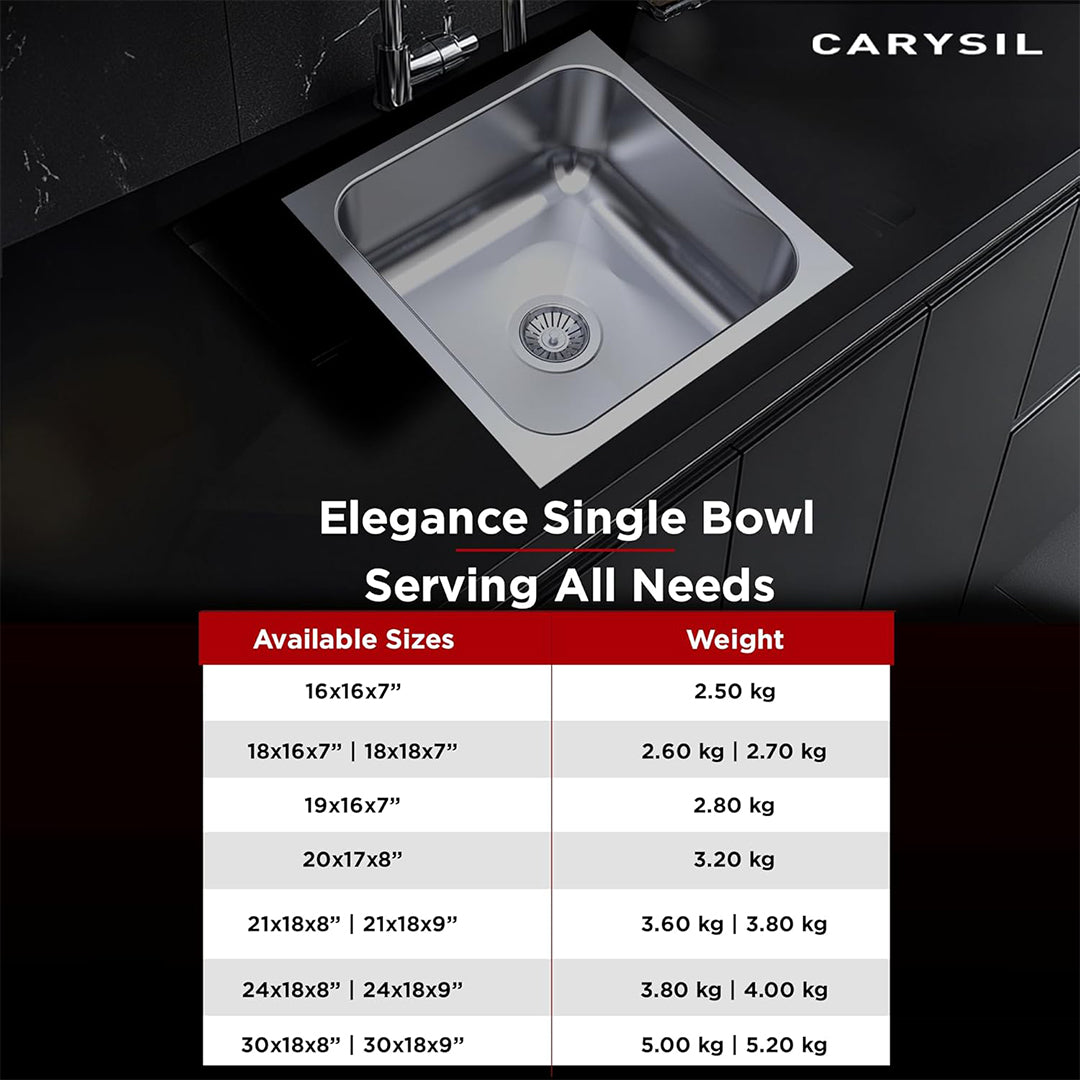 Carysil Elegance Series Single Bowl Kitchen Sink, Stainless Steel Kitchen Sink, 304 Stainless Steel Coupling, Noise Reduction Design, Deep Bowl with Sloping Drain, 18x18x7 inches, Glossy Finish