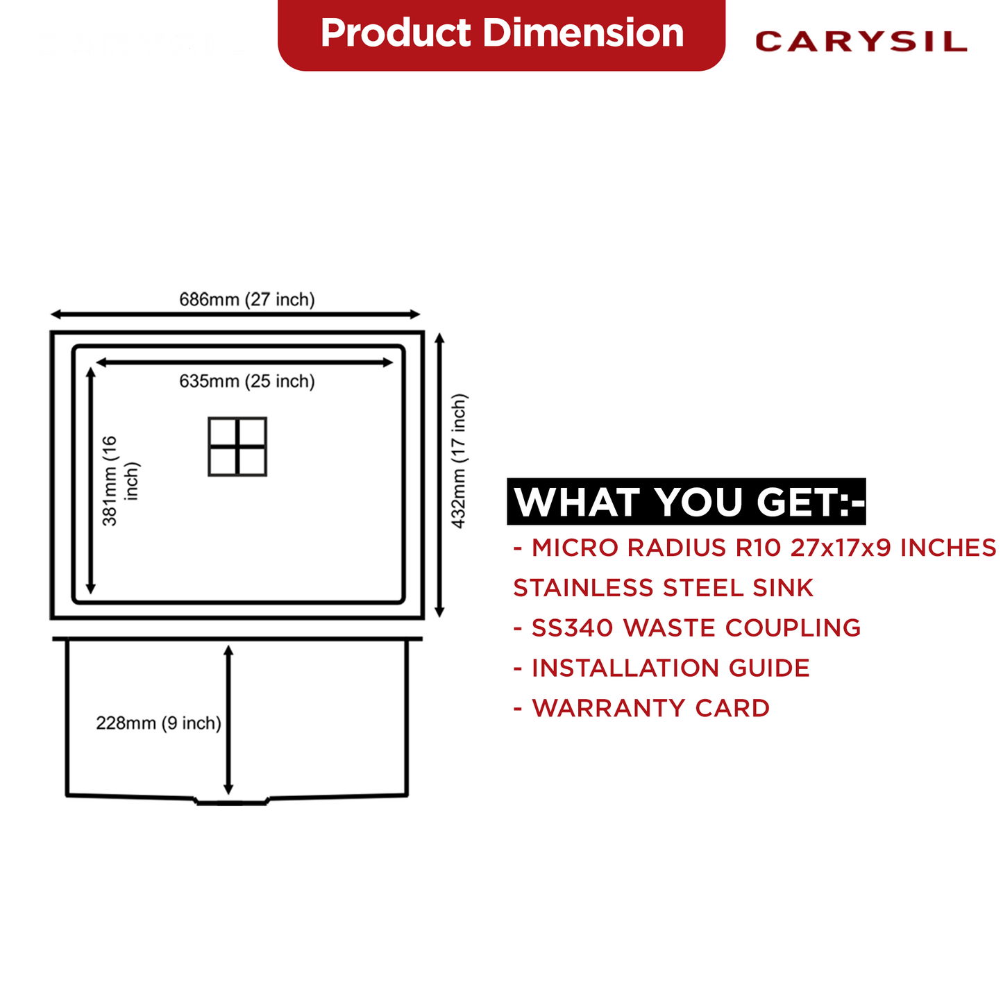 Carysil Micro Radius R10 Series Single Bowl Kitchen Sink, Stainless Steel Kitchen Sink, 10mm Corner Radius, 304 Stainless Steel Coupling, Noise Reduction Design, Deep Bowl with Sloping Drain, 27x17x9 inches, Satin Finish
