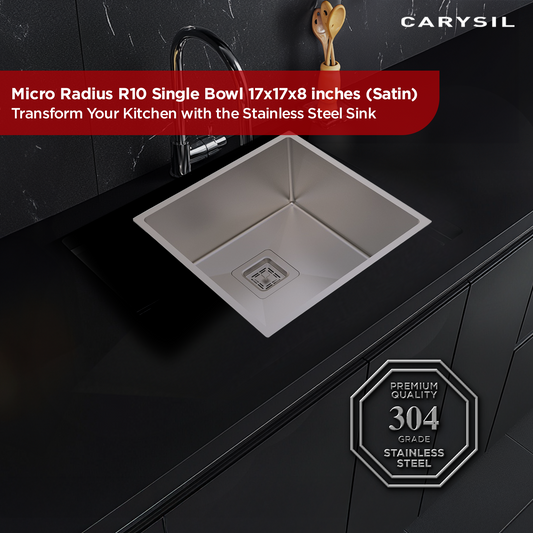 Carysil Micro Radius R10 Series Single Bowl Kitchen Sink, Stainless Steel Kitchen Sink, 10mm Corner Radius, 304 Stainless Steel Coupling, Noise Reduction Design, Deep Bowl with Sloping Drain, 17x17x8 inches, Satin Finish