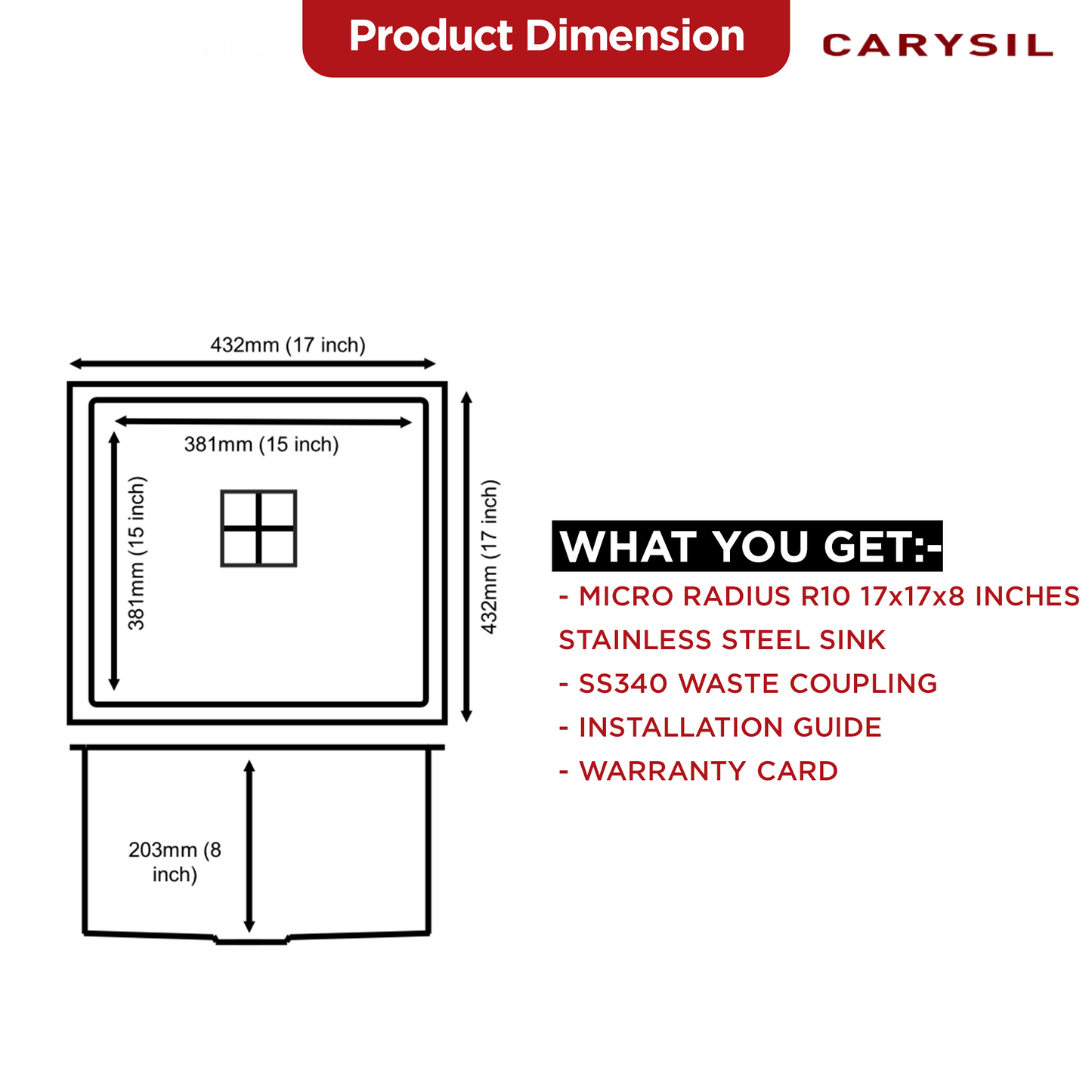 Carysil Micro Radius R10 Series Single Bowl Kitchen Sink, Stainless Steel Kitchen Sink, 10mm Corner Radius, 304 Stainless Steel Coupling, Noise Reduction Design, Deep Bowl with Sloping Drain, 17x17x8 inches, Satin Finish