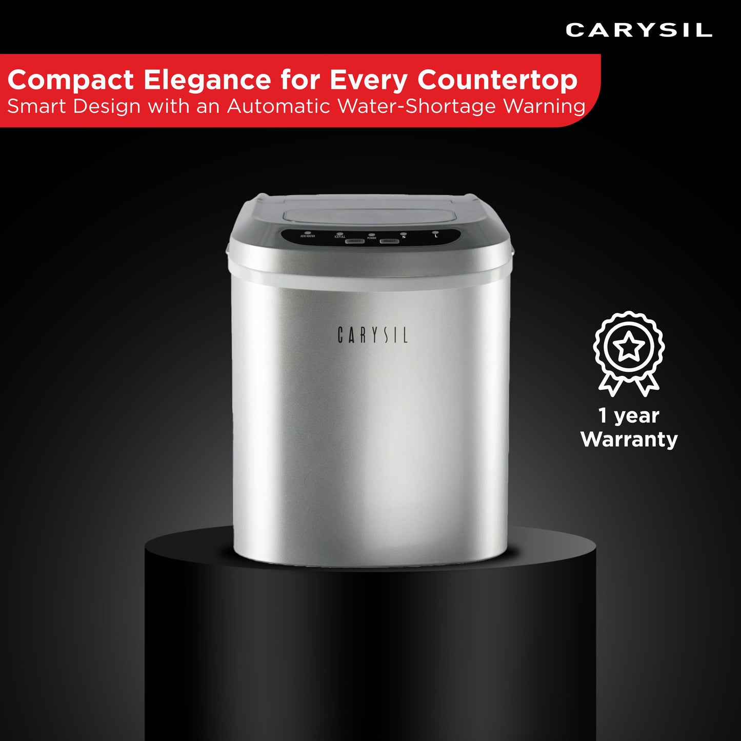Carysil Joy Portable Compact Countertop Ice Maker, Makes 9 Ice Cubes Per Cycle, 12kg/24h Quick Ice Production, SS Finish with Ice Scoop, User-Friendly Control Panel for Home, Office & Outdoor Use