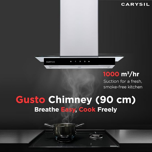 Carysil Gusto 90 cm Kitchen Chimney, T-Shape, 1000 m³/hr Baffle Filter, 3-Speed Touch Control, Metal Housing, Oil Collector, LED Lamp, 7-year Motor Warranty