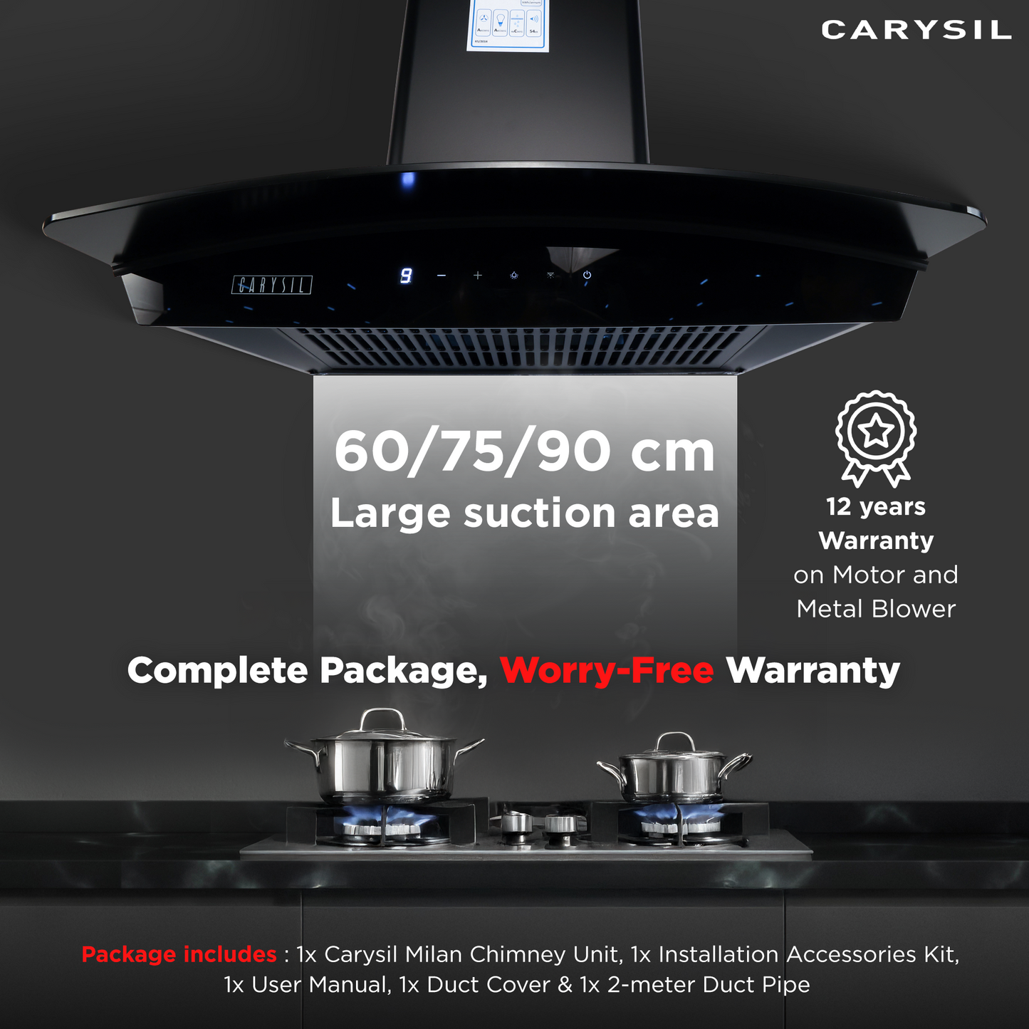 Carysil Milan 90 cm Kitchen Chimney, Curved Shape, 1200 m³/hr Suction Capacity, Filterless, BLDC Silent Motor, Heat Auto Clean, 9-speed Motion Sensor, A-Energy Class, LED Lamp, 12-year Motor Warranty