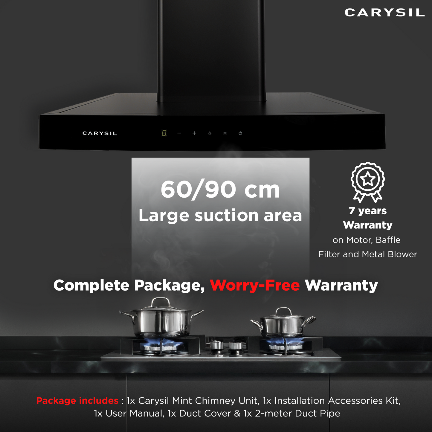 Carysil Mint 90 cm Kitchen Chimney, T-Shape, 1350 m³/hr Suction Capacity, Baffle Filter, Heat Auto Clean, 3-Speed Motion Sensor, LED Lamp, 7-year Motor Warranty