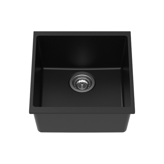 Carysil Quartz Dolce UK Series Single Bowl Kitchen Sink, Real Stone Finish, 304 Stainless Steel Coupling, Kitchen Sink with Sloping Drain, Noise Reduction Design, 17x18x8 inches, Pearl Black