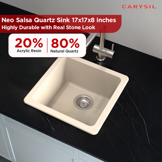 Carysil Quartz Neo Salsa Single Bowl Kitchen Sink, Real Stone Finish, 304 Stainless Steel Coupling, Kitchen Sink with Sloping Drain, Noise Reduction Design, 17x17x8 inches, Cream