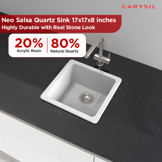 Carysil Quartz Neo Salsa Single Bowl Kitchen Sink, Real Stone Finish, 304 Stainless Steel Coupling, Kitchen Sink with Sloping Drain, Noise Reduction Design, 17x17x8 inches, Arena