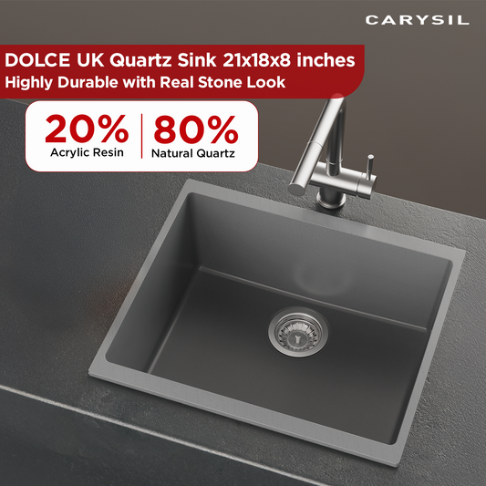 Carysil Quartz Dolce UK Series Singe Bowl Kitchen Sink, Real Stone Finish, 304 Stainless Steel Coupling, Kitchen Sink with Sloping Drain, Noise Reduction Design, 21x18x8 inches, Whisper Grey