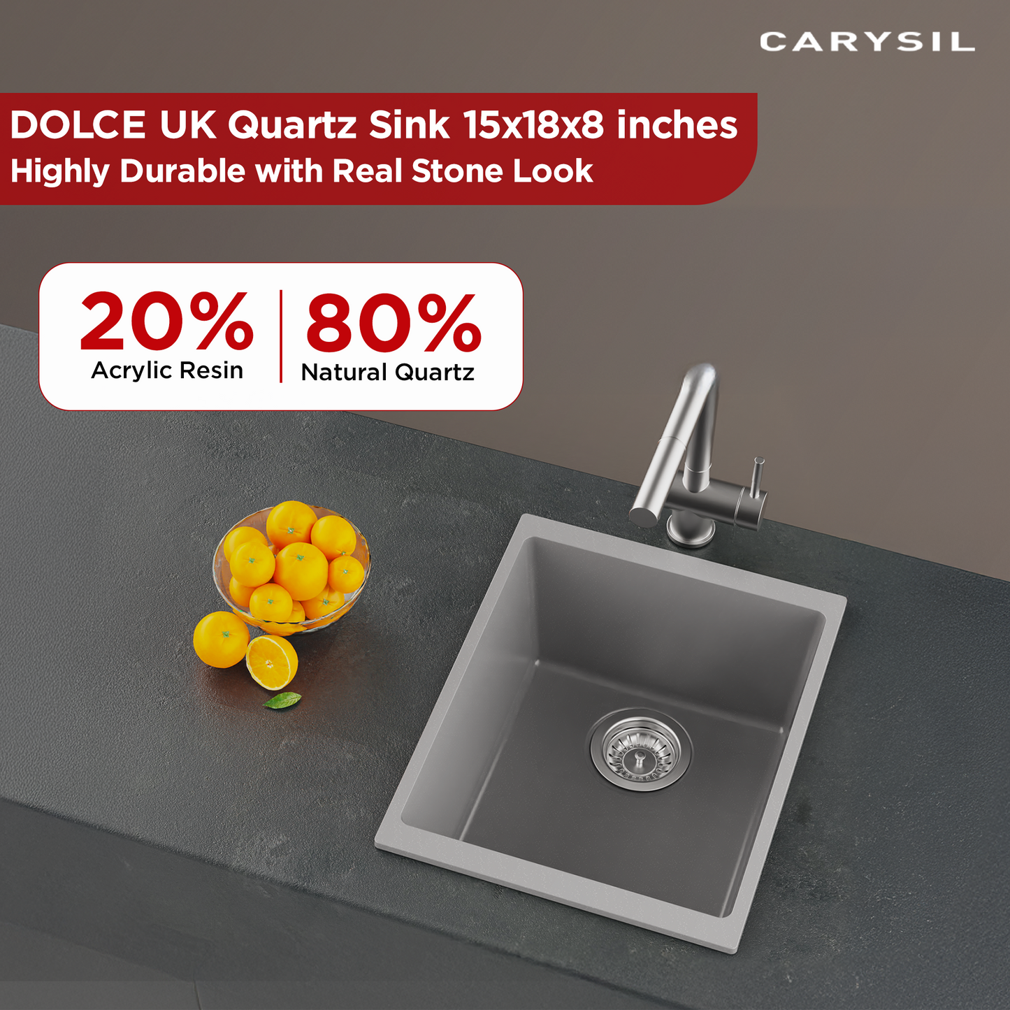 Carysil Quartz Dolce UK Series Single Bowl Kitchen Sink, Real Stone Finish, 304 Stainless Steel Coupling, Kitchen Sink with Sloping Drain, Noise Reduction Design, 15x18x8 inches, Whisper Grey