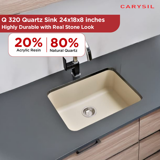 Carysil Quartz Q 320 Grande Single Bowl Kitchen Sink, Real Stone Finish, 304 Stainless Steel Coupling, Kitchen Sink with Sloping Drain, Noise Reduction Design, 24x18x8 inches, Cream