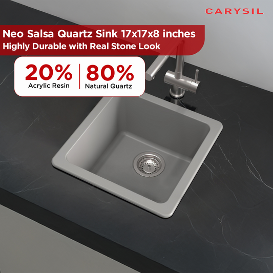 Carysil Quartz Neo Salsa Single Bowl Kitchen Sink, Real Stone Finish, 304 Stainless Steel Coupling, Kitchen Sink with Sloping Drain, Noise Reduction Design, 17x17x8 inches, Basalt Grey