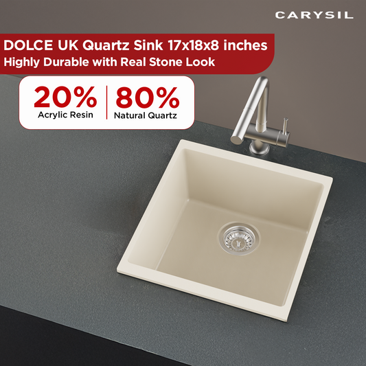 Carysil Quartz Dolce UK Series Single Bowl Kitchen Sink, Real Stone Finish, 304 Stainless Steel Coupling, Kitchen Sink with Sloping Drain, Noise Reduction Design, 17x18x8 inches, Cream