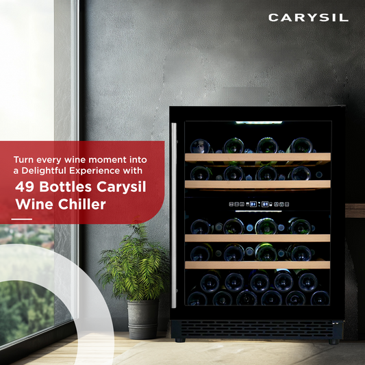 Carysil 49-Bottle Wine Chiller, Free Standing, Dual Cooling Zone (3°C-12°C White Wine & 12°C-20°C Red Wine), Adjustable Wooden Shelves with Toughened Glass Door, LED Display, Ideal for Home