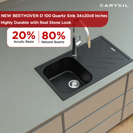 Carysil Quartz New Beethoven D 100 Single Bowl Kitchen Sink with Drainboard, Real Stone Finish, 304 Stainless Steel Coupling, Kitchen Sink with Sloping Drain, Noise Reduction Design, 34x20x8 inches, Pearl Black