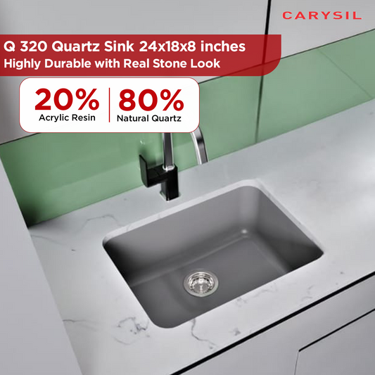 Carysil Quartz Q 320 Grande Single Bowl Kitchen Sink, Real Stone Finish, 304 Stainless Steel Coupling, Kitchen Sink with Sloping Drain, Noise Reduction Design, 24x18x8 inches, Basalt Grey