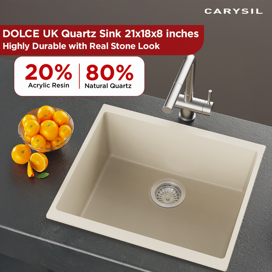 Carysil Quartz Dolce UK Series Single Bowl Kitchen Sink, Real Stone Finish, 304 Stainless Steel Coupling, Kitchen Sink with Sloping Drain, Noise Reduction Design, 21x18x8 inches, Cream