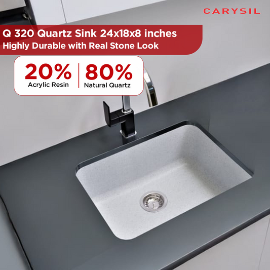Carysil Quartz Q 320 Grande Single Bowl Kitchen Sink, Real Stone Finish, 304 Stainless Steel Coupling, Kitchen Sink with Sloping Drain, Noise Reduction Design, 24x18x8 inches, Arena